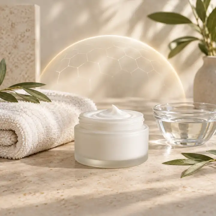 کرم مرطوب‌کننده بدون عطر کنار حوله نرم برای روتین ترمیم سد دفاعی پوست